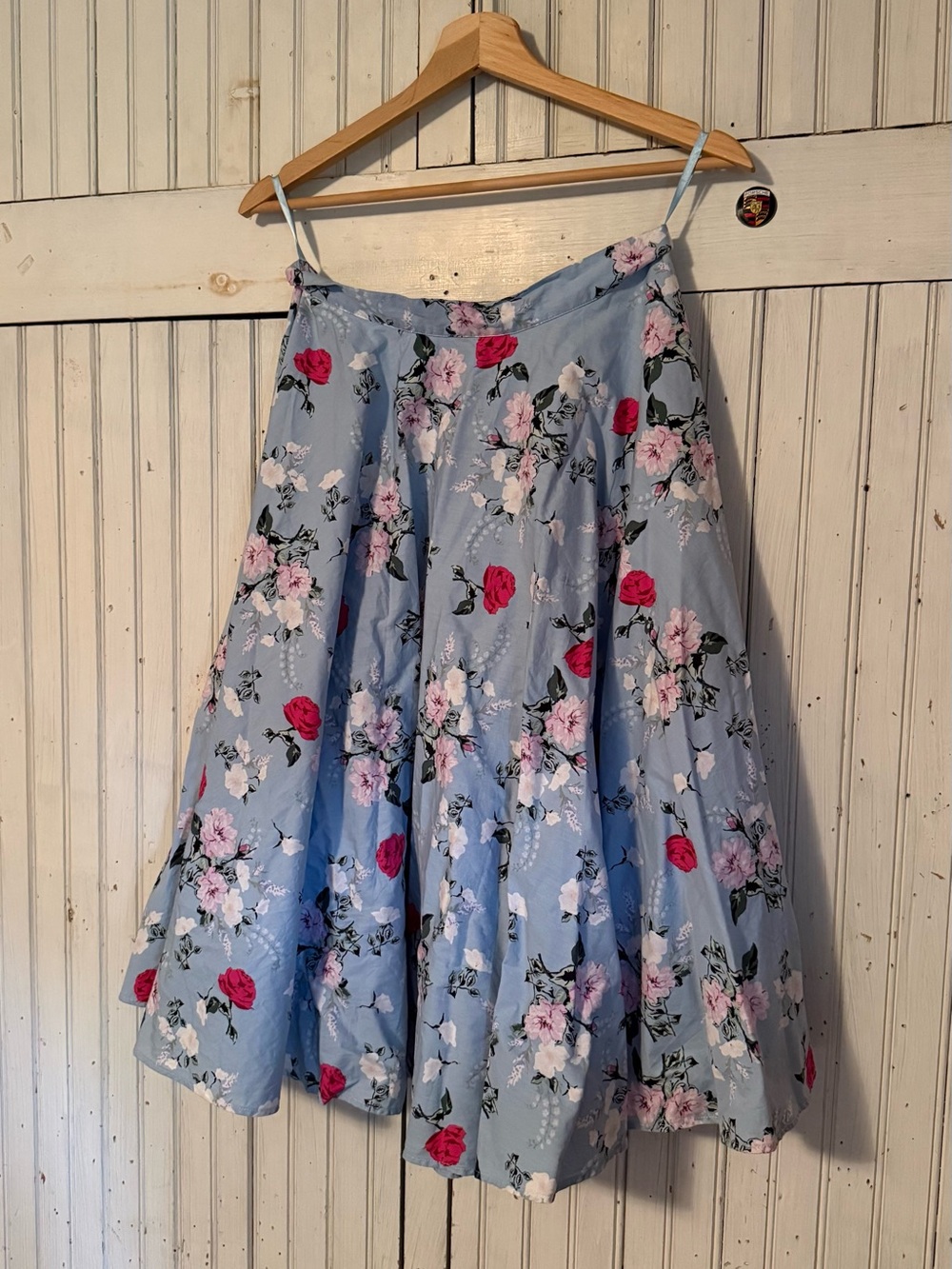 Hell Bunny Light Blue Floral Circle Skirt with Pink & Red Roses